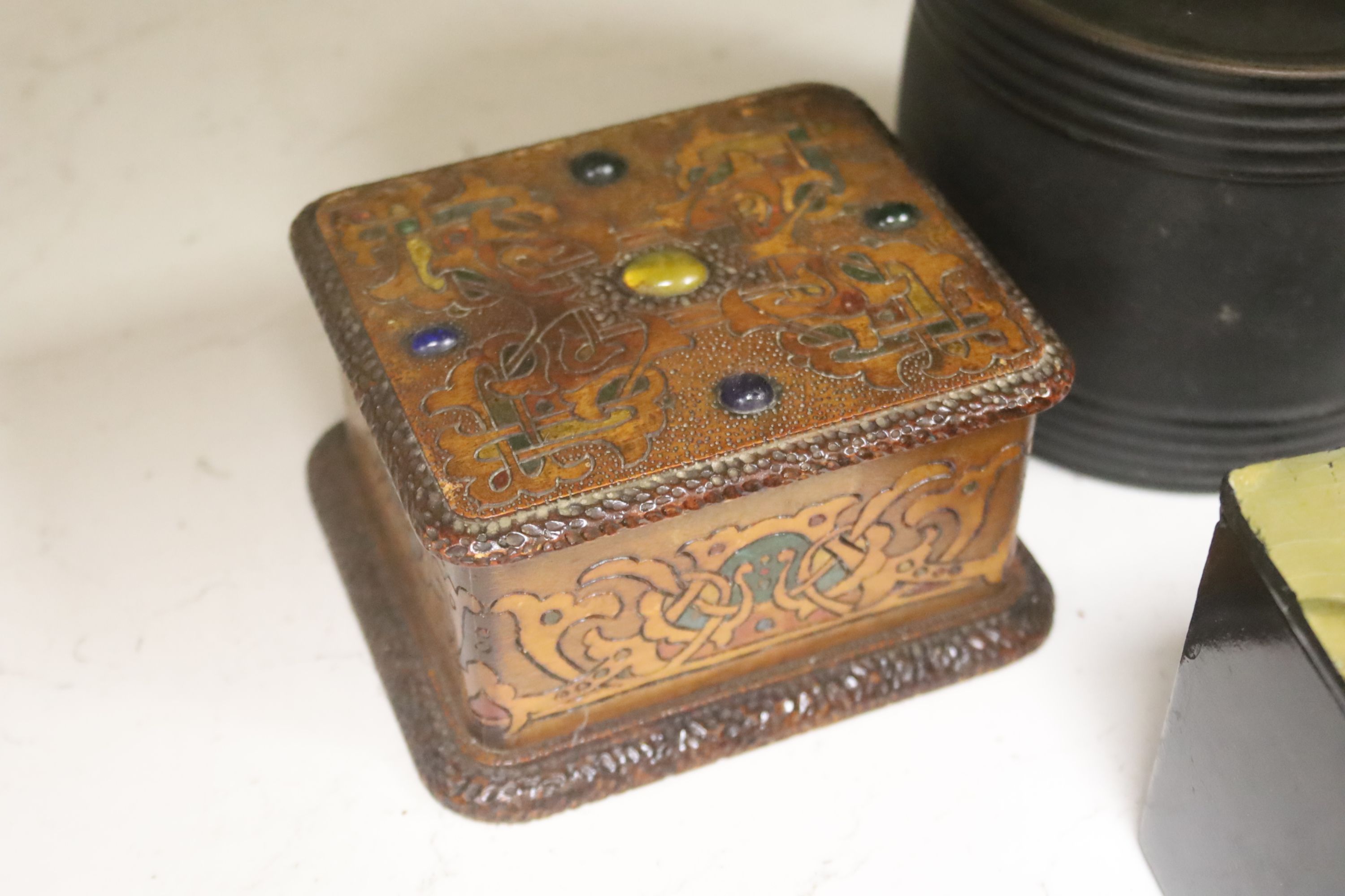 A collection of six Russian and European lacquer boxes, largest 14 x 9cm 9cm high, together with a papier mache snuff box and another decorative box (8)